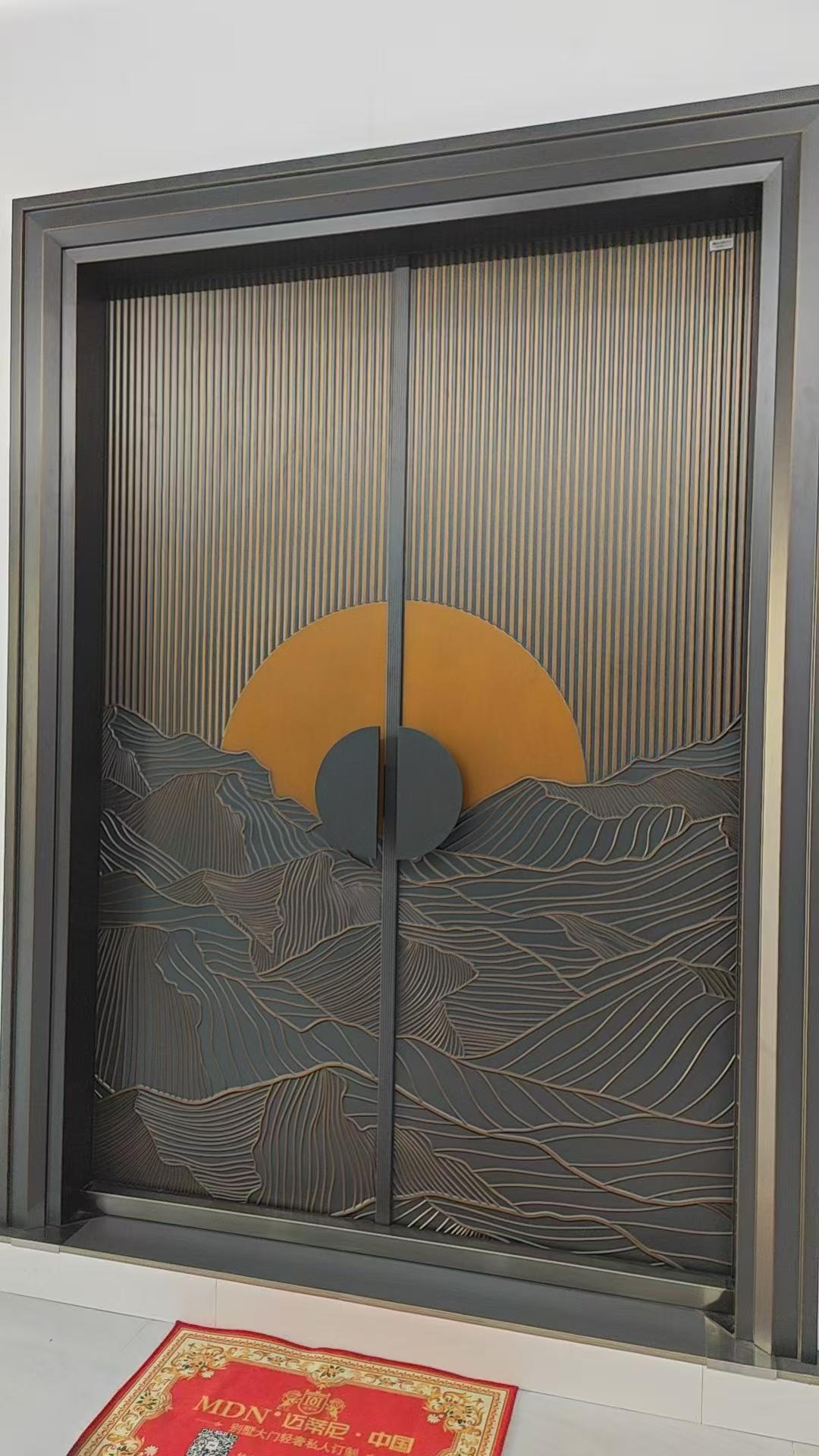 Modern Luxury Villa Gate with Mountain & Sun Embossed Design – Aluminum Forged Front Door