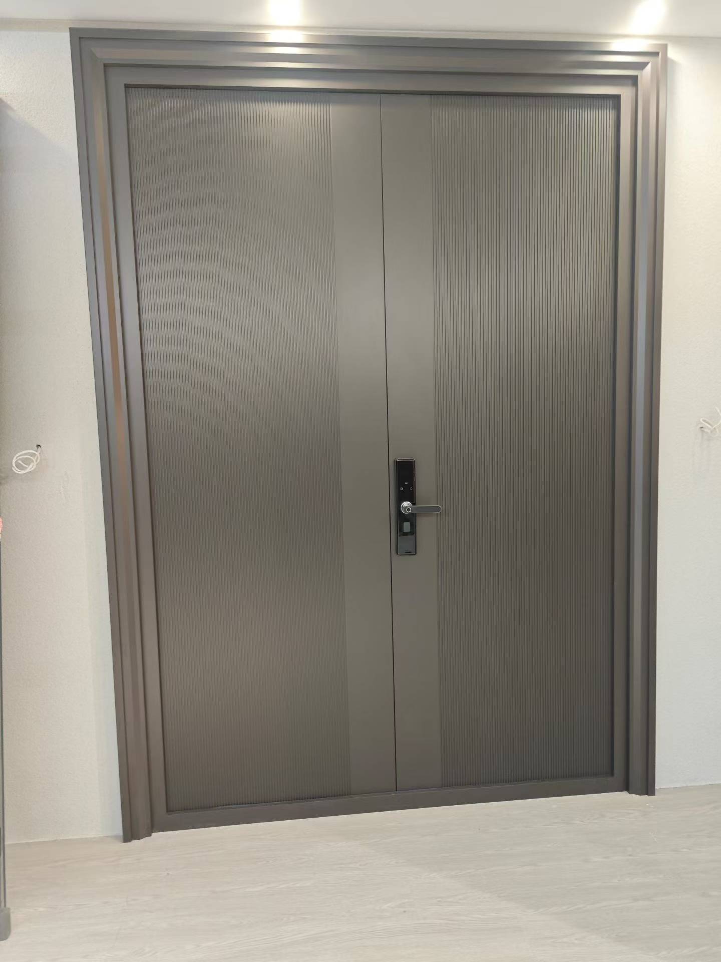 Minimalist modern cast aluminum door with vertical brushed gun gray process