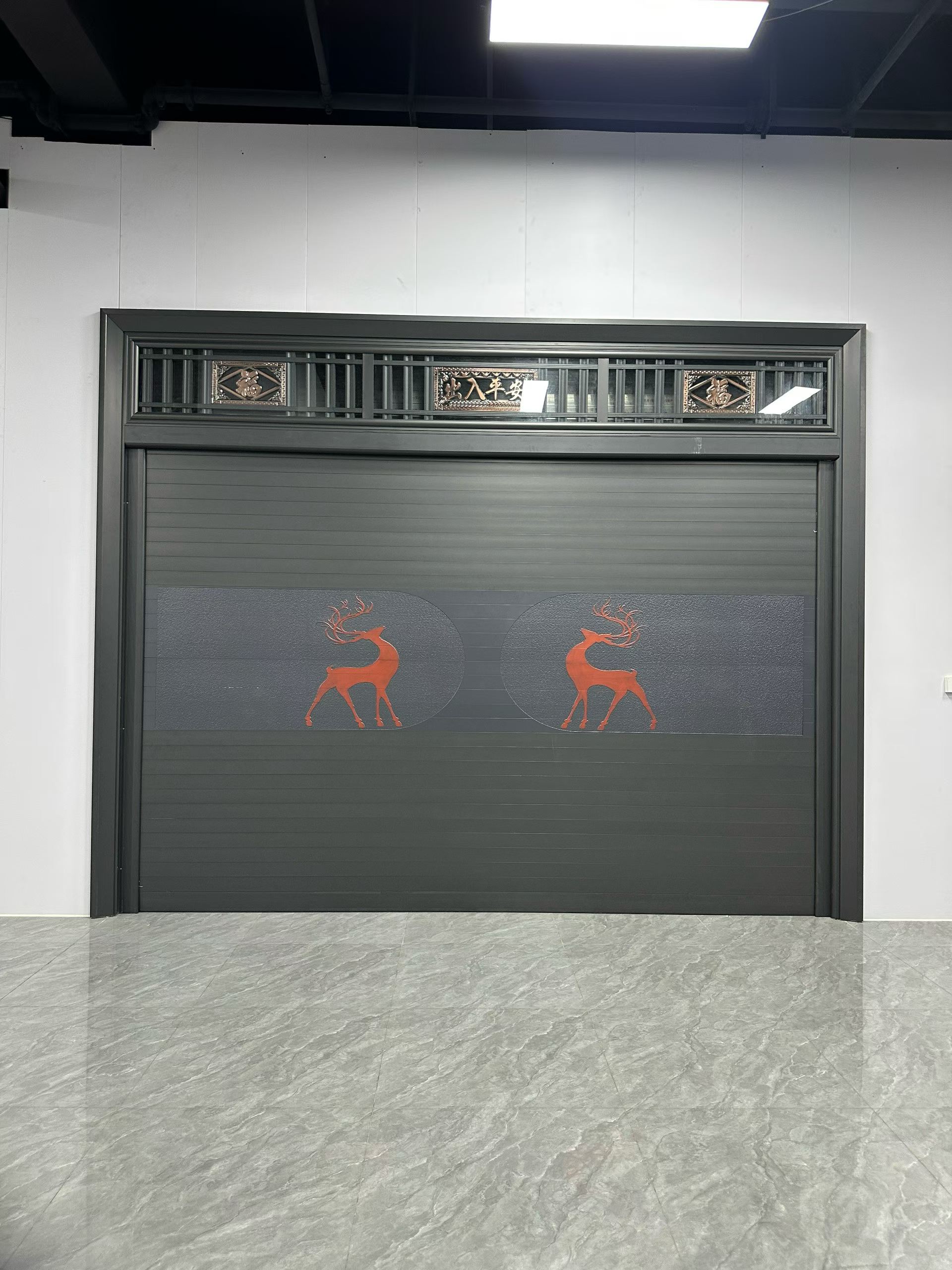 New Chinese Luxury Garage Gate – Dark Grey with Luminous Deer & “Safe Travel” Pediment