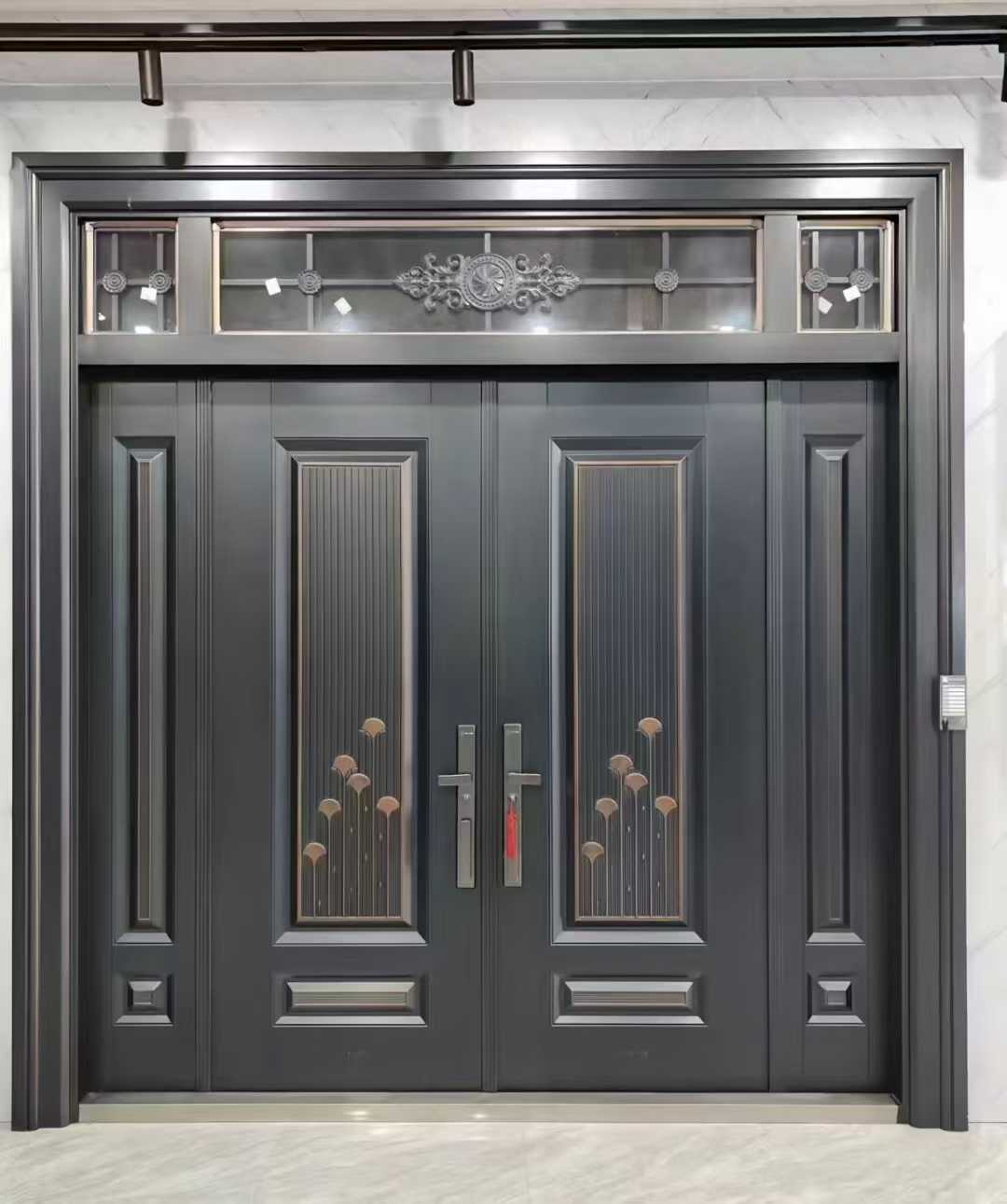 Luxury Villa Main Door – Double Opening Security Gate with Transom Window & Decorative Grille