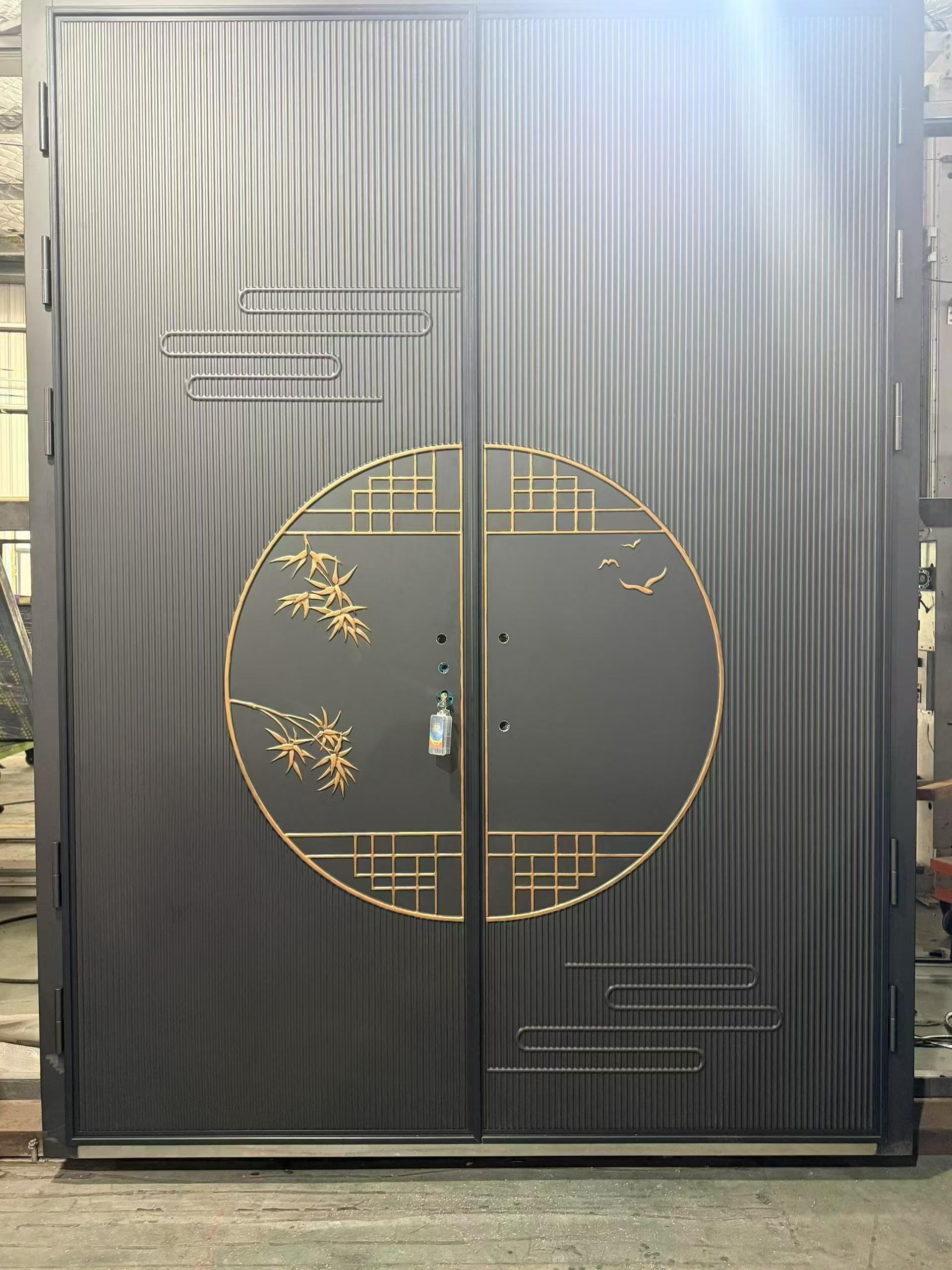 Zen inspired new Chinese style double door with round window and bamboo shadow