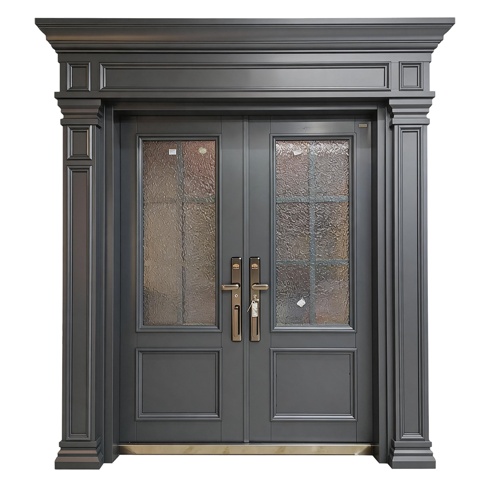 Classic European Style Luxury Villa Double Door – With Fluted Pilasters & Patterned Glass