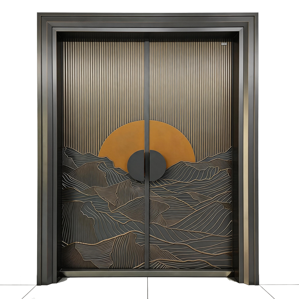 Modern Luxury Villa Gate with Mountain & Sun Embossed Design – Aluminum Forged Front Door