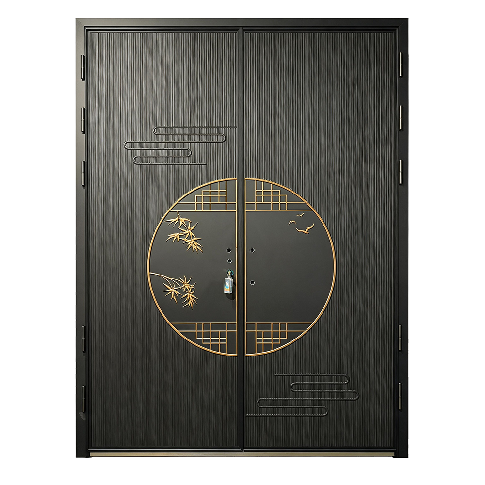 Zen inspired new Chinese style double door with round window and bamboo shadow