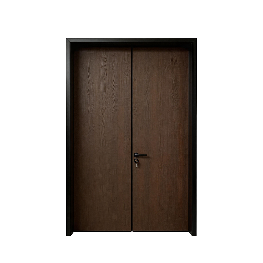 Solid Wood Modern Main Door – Dark Walnut Single + Fixed Panel Door with Black Minimalist Frame