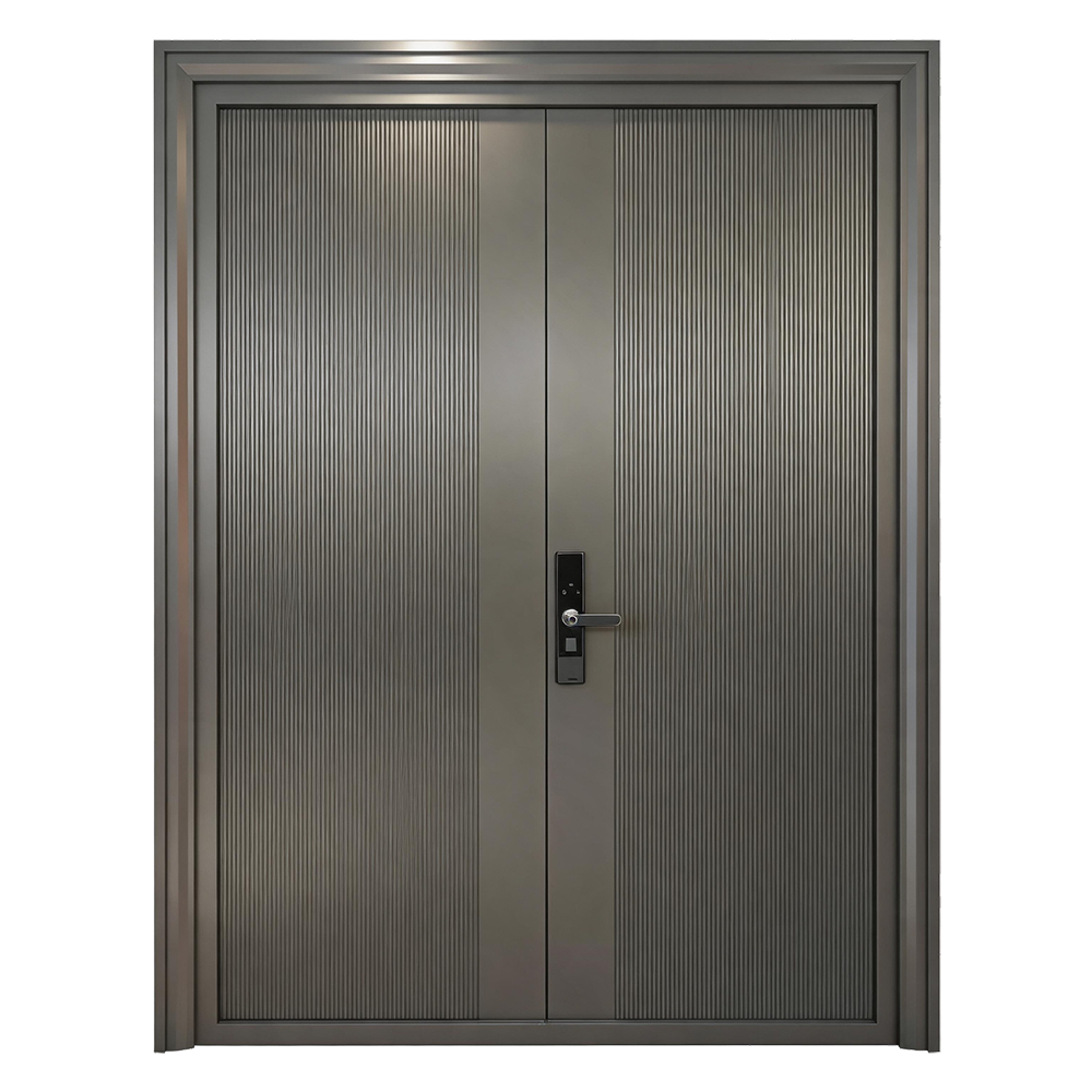 Minimalist modern cast aluminum door with vertical brushed gun gray process