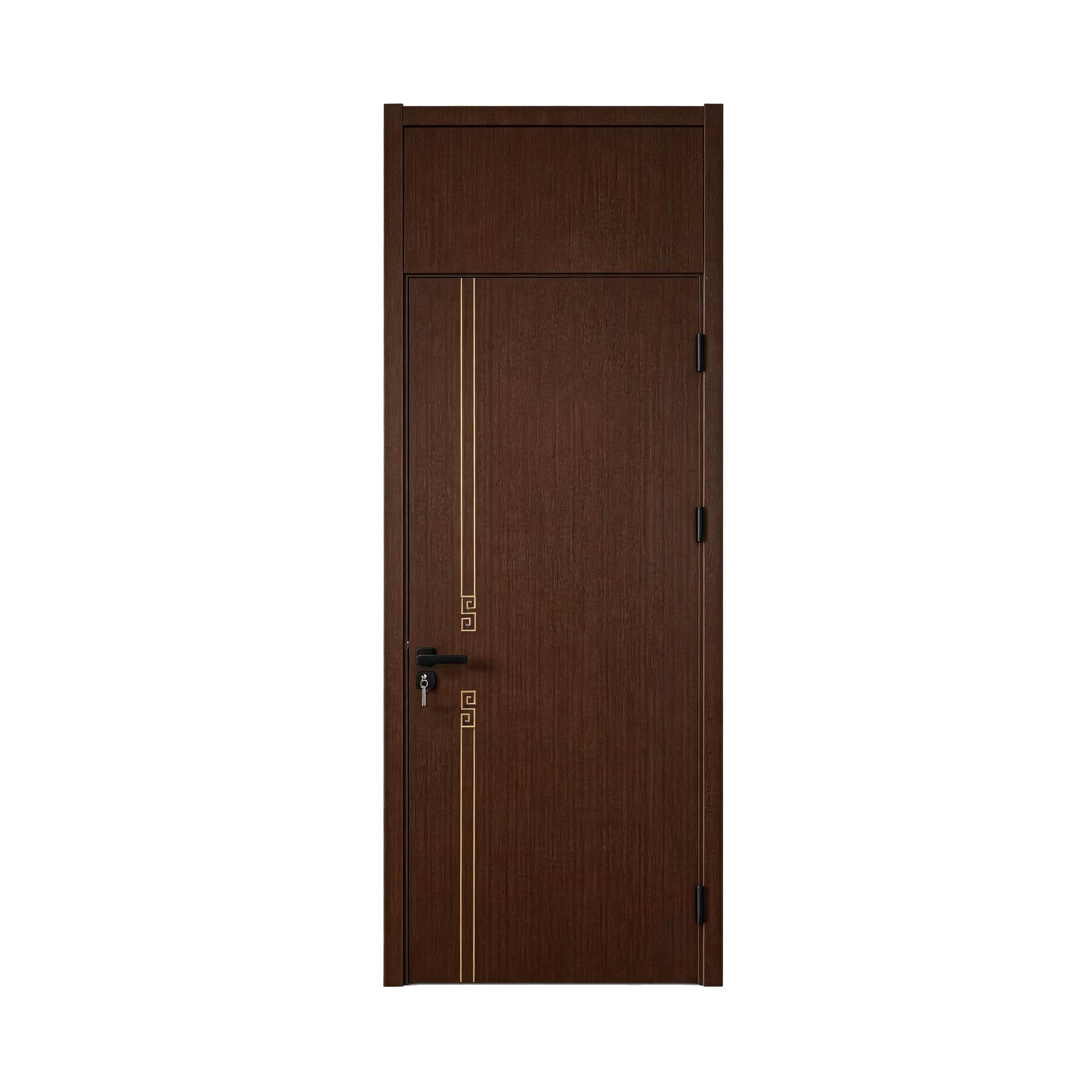 New Chinese Style Walnut Wooden Door – with Gold Inlay and Traditional Meander Pattern