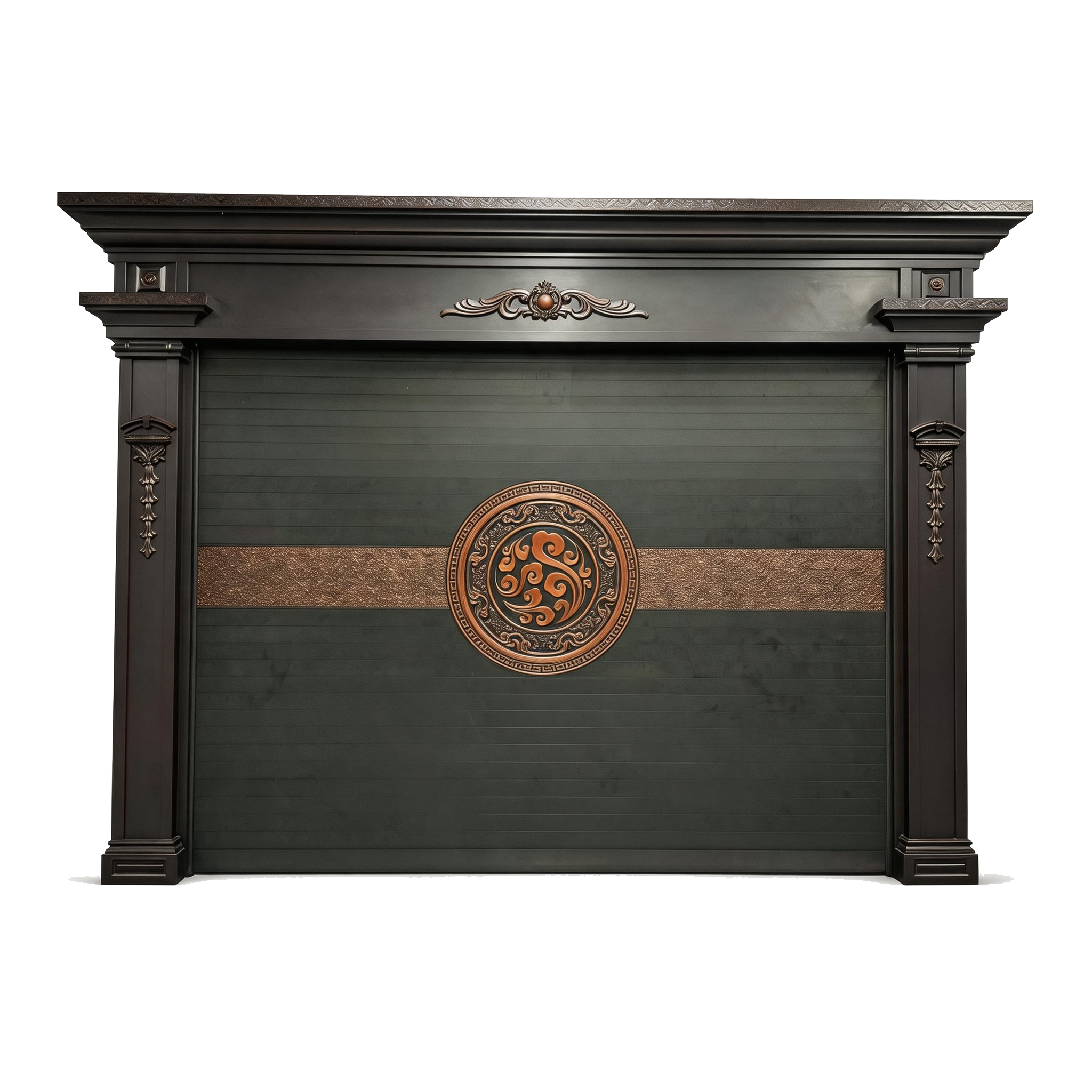 New Chinese Luxury Garage Door – Dark Metal with Rose Gold Accents & Carved Emblem