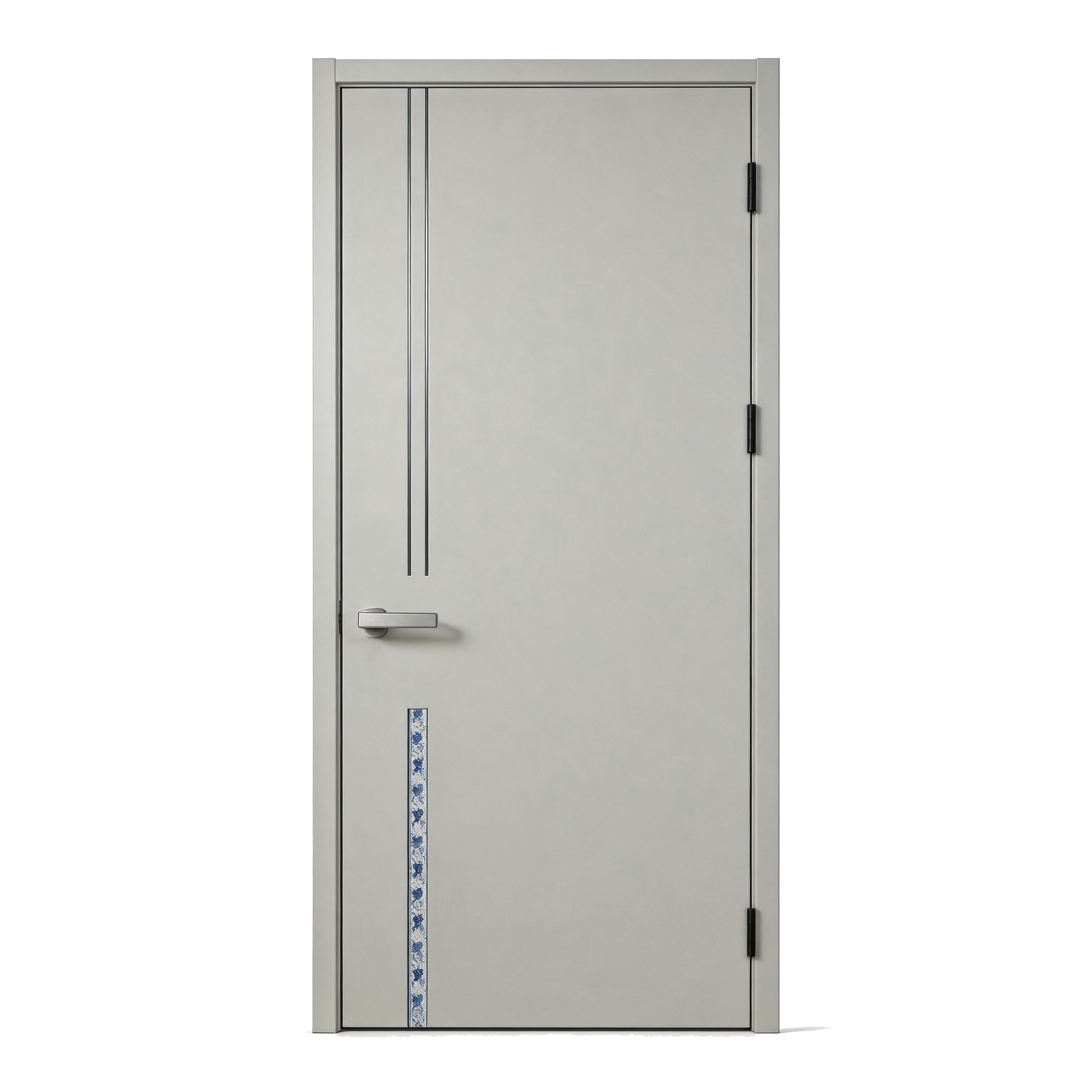 Modern Light Luxury Grey Wooden Door – with New Chinese Blue & White Porcelain Inlay Detail