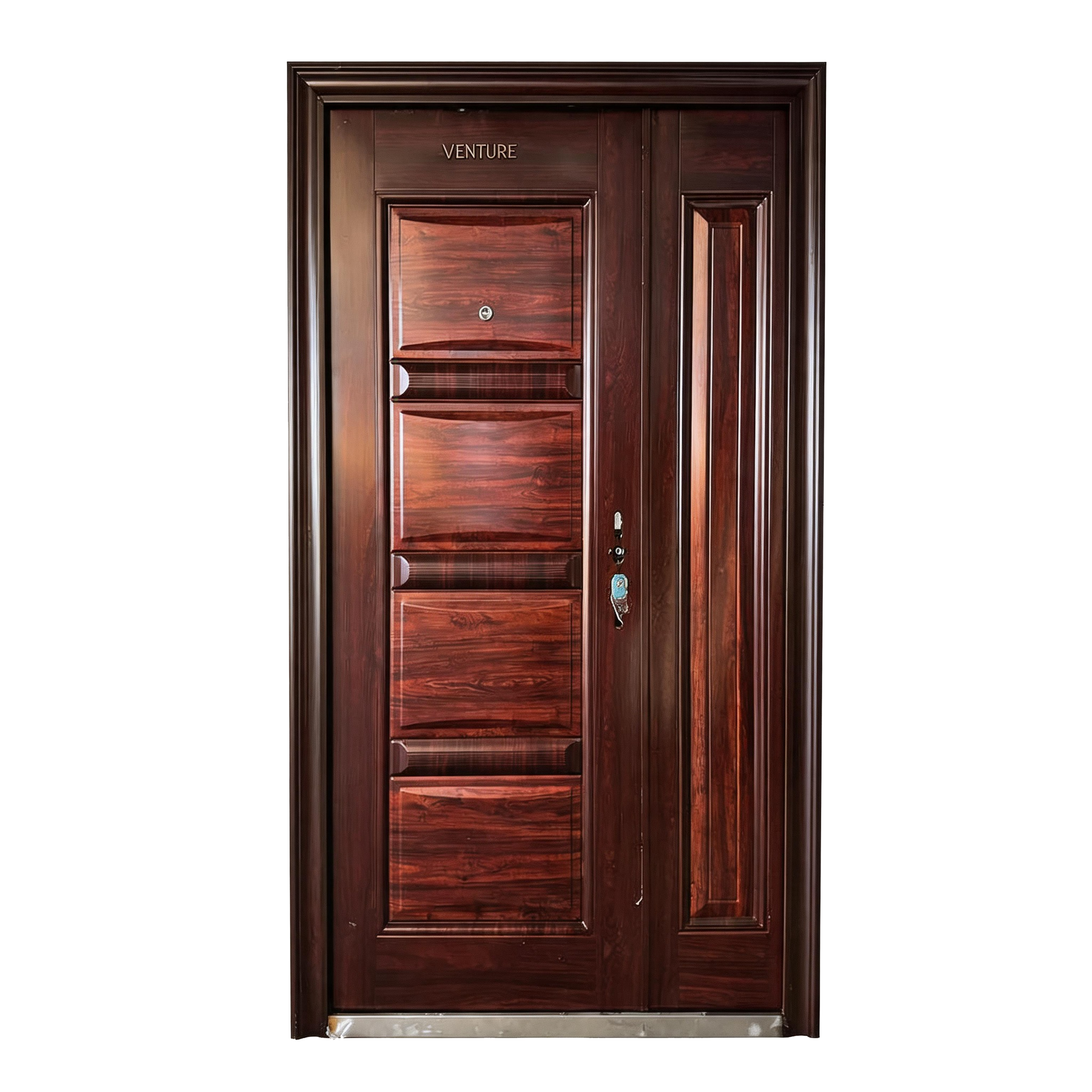 Modern Rosewood Security Door – Four-Panel Design with Vertical Accents