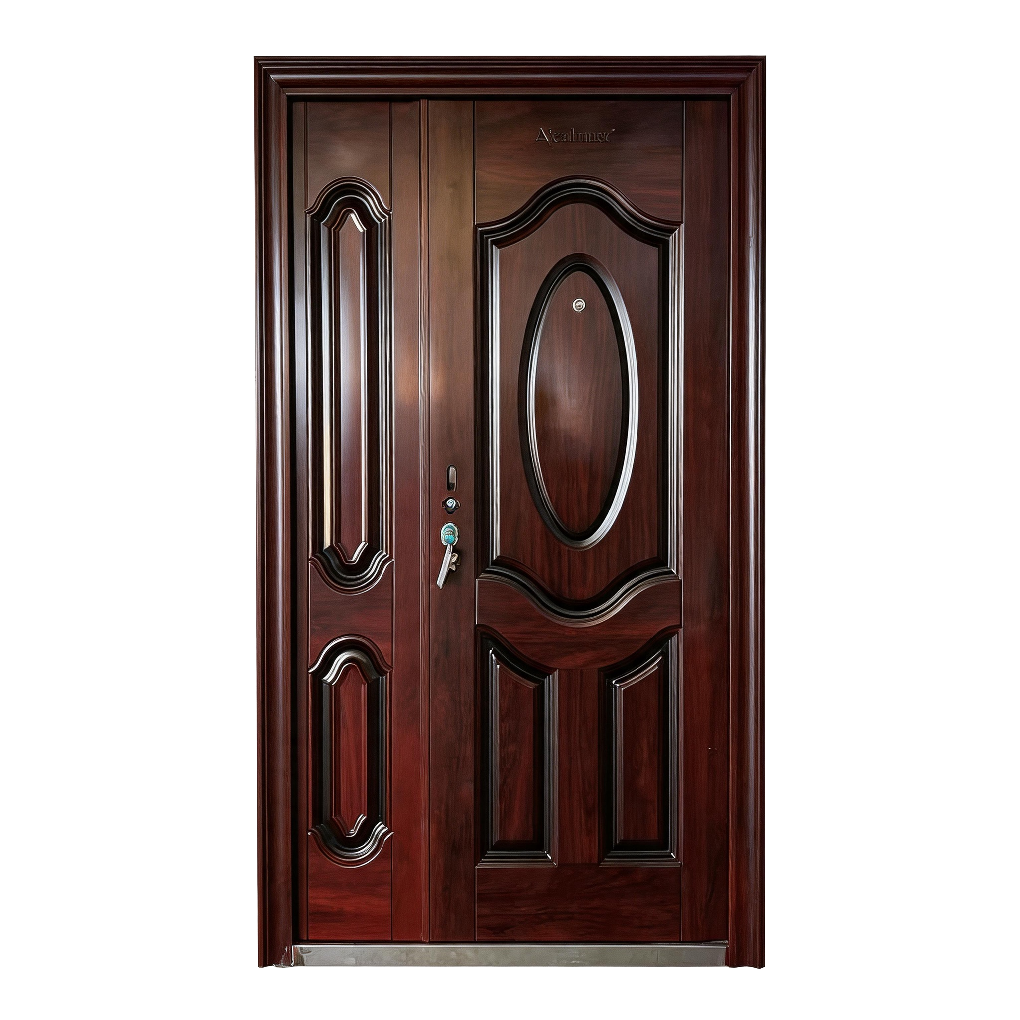 European Classic Rosewood Security Door – Oval Embossed Double Door
